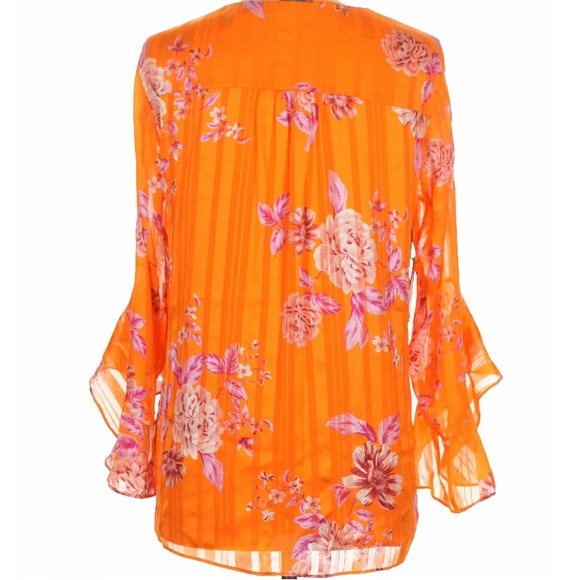 NWT VINCE CAMUTO Orange Floral VNeck Semi Sheer Ruffle Sleeve Blouse Size Medium - Picture 3 of 4